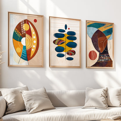 Abstract ethnic black woman art set of 3, modern colorful prints for minimalist above bed decor