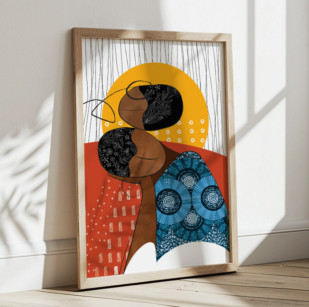 Vibrant African American art with colorful abstract faces and yellow sun background