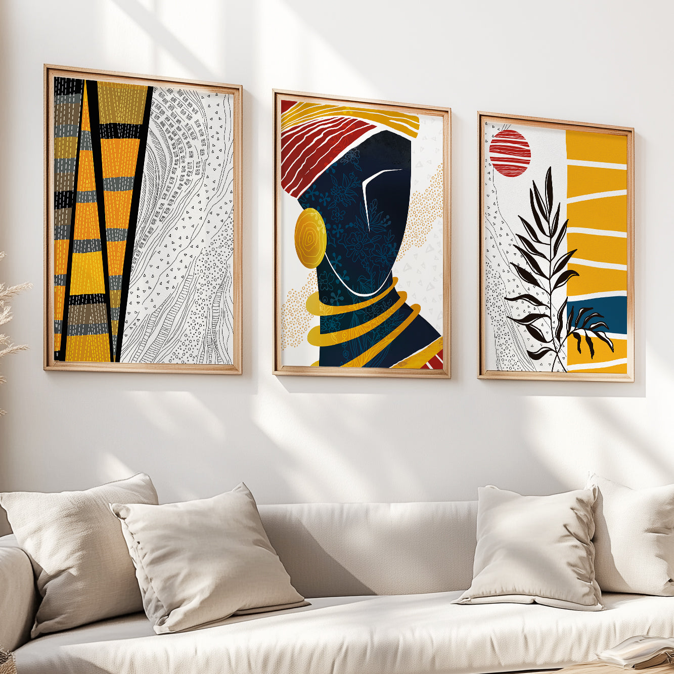 Contemporary African American art set of 3 – abstract ethnic black woman posters, minimalist girl face drawing, home decor