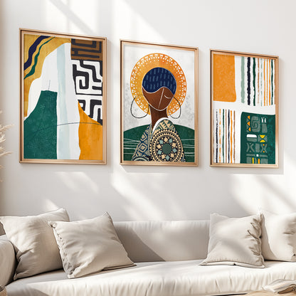 Abstract African American wall art set of 3, modern black woman portrait prints for home decor