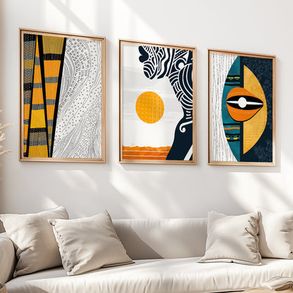 Modern African American art set, 3 abstract black woman portrait prints for chic room decor