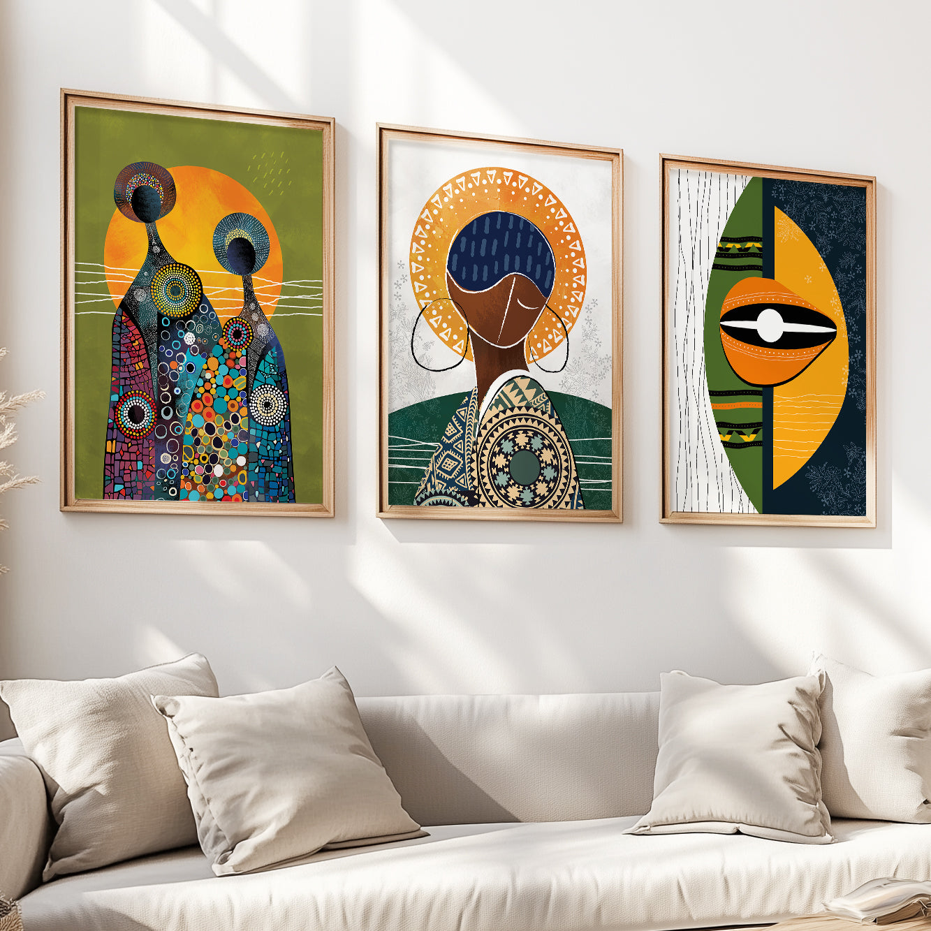 Set of 3 vibrant abstract African American art prints, ethnic women gallery wall decor for minimalist home