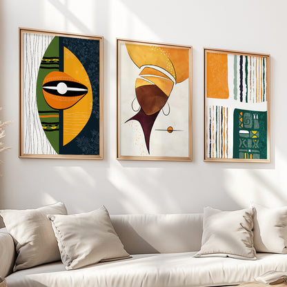 Modern abstract African American art set of 3, colorful ethnic large posters for vibrant living room or bedroom