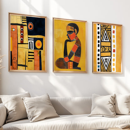 Set of 3 mustard African art prints, modern ethnic posters for vibrant living room and gallery wall decor