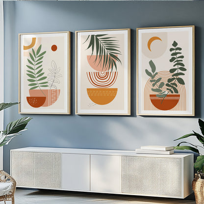 Terracotta beige boho print set of 3. Mid century modern neutral wall art posters. Bohemian livingroom, above bed large gallery wall art