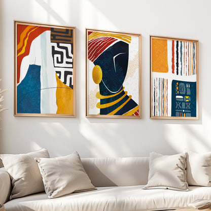 Modern African wall art set of 3 – vibrant bohemian black woman prints for living room or bedroom