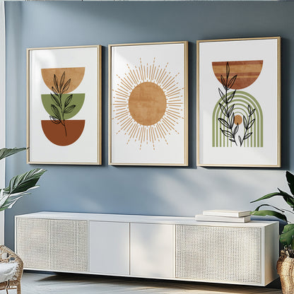 Terracotta green boho gallery wall set of 3. Mid century modern neutral gallery wall set poster. Bohemian livingroom, above bed large prints