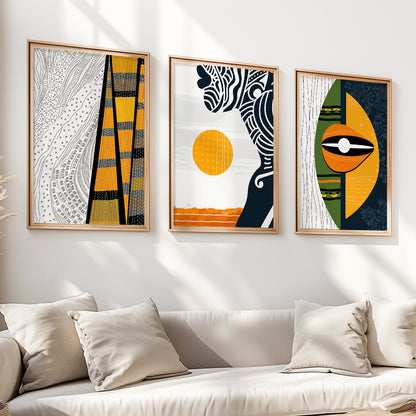 Set of 3 modern abstract prints, featuring colorful black woman portraits in vibrant African style