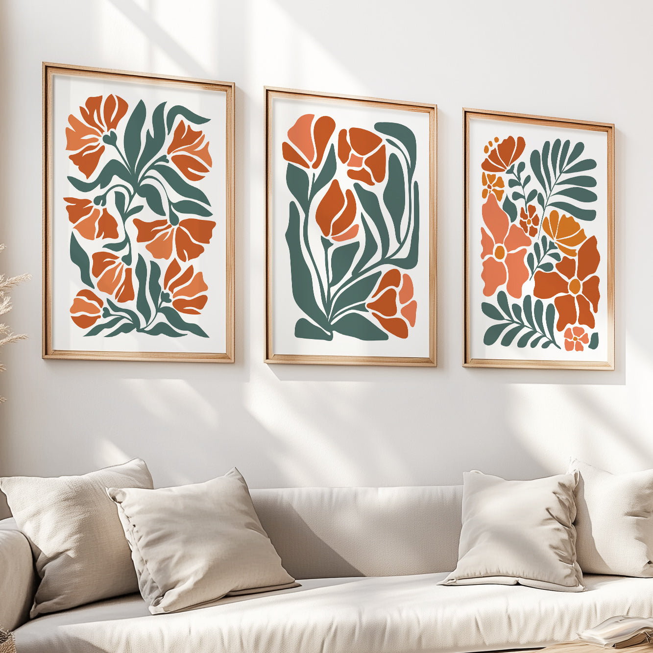 Boho floral set of 3 print. Light Terracotta minimalist botanical mid century gallery wall set, vintage trendy bedroom wall art prints