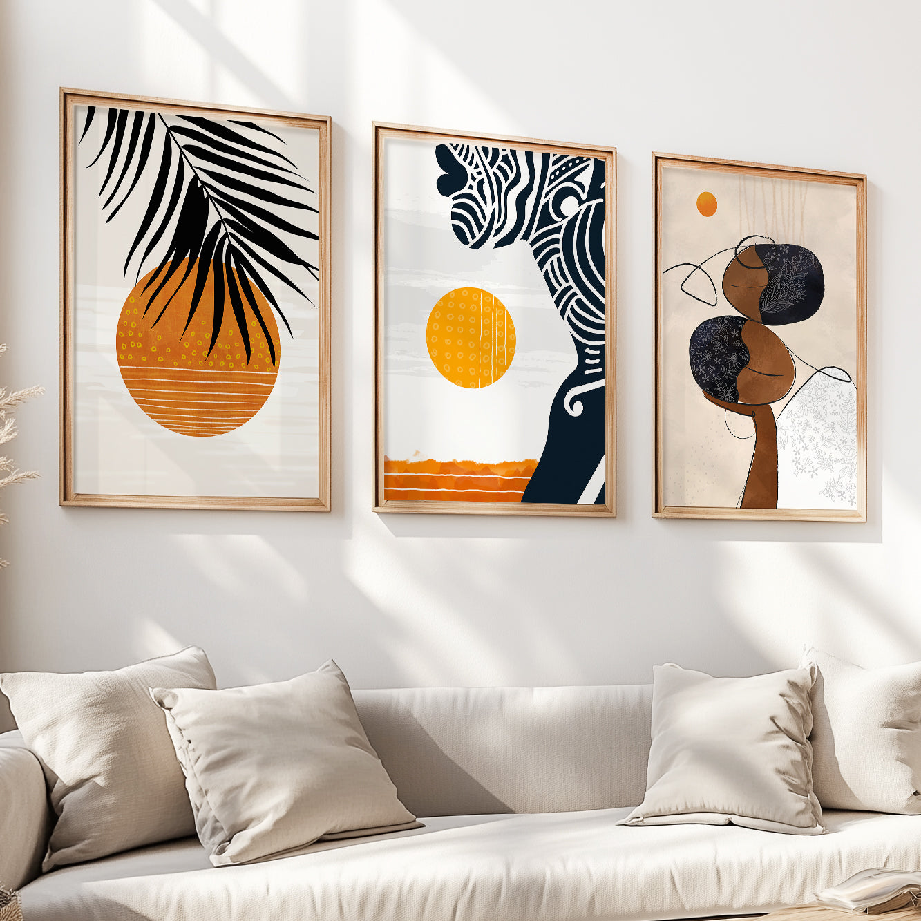 Modern African American art set – colorful abstract black woman portrait, minimalist room decor for aesthetic space