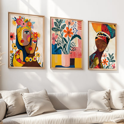 Boho African wall art set of 3, vibrant ethnic nature posters for large above bed decor