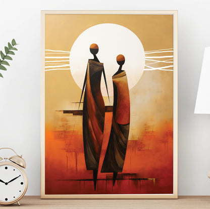 Contemporary abstract African wall art – minimalist neutral female figures, extra large poster, ethnic home gift idea