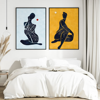 Set of 2 modern African American art prints, minimalist black female portraits for aesthetic home decor