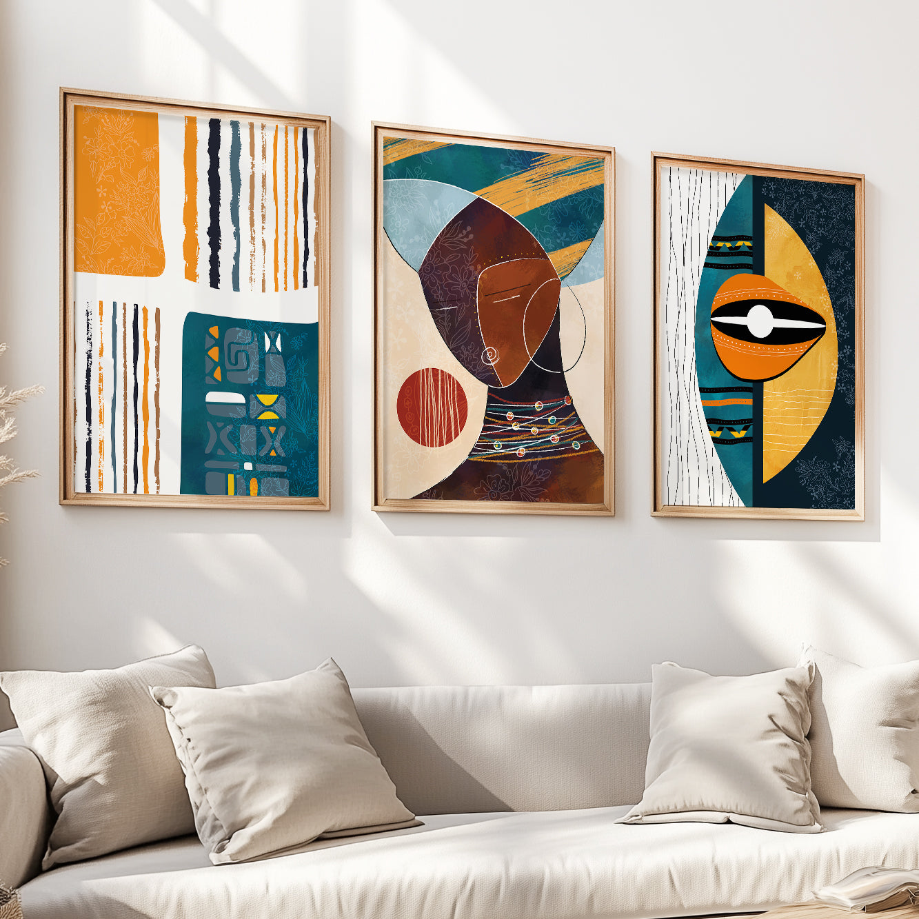 Modern African American art set – colorful black woman portrait prints, abstract bright ethnic above bed room decor