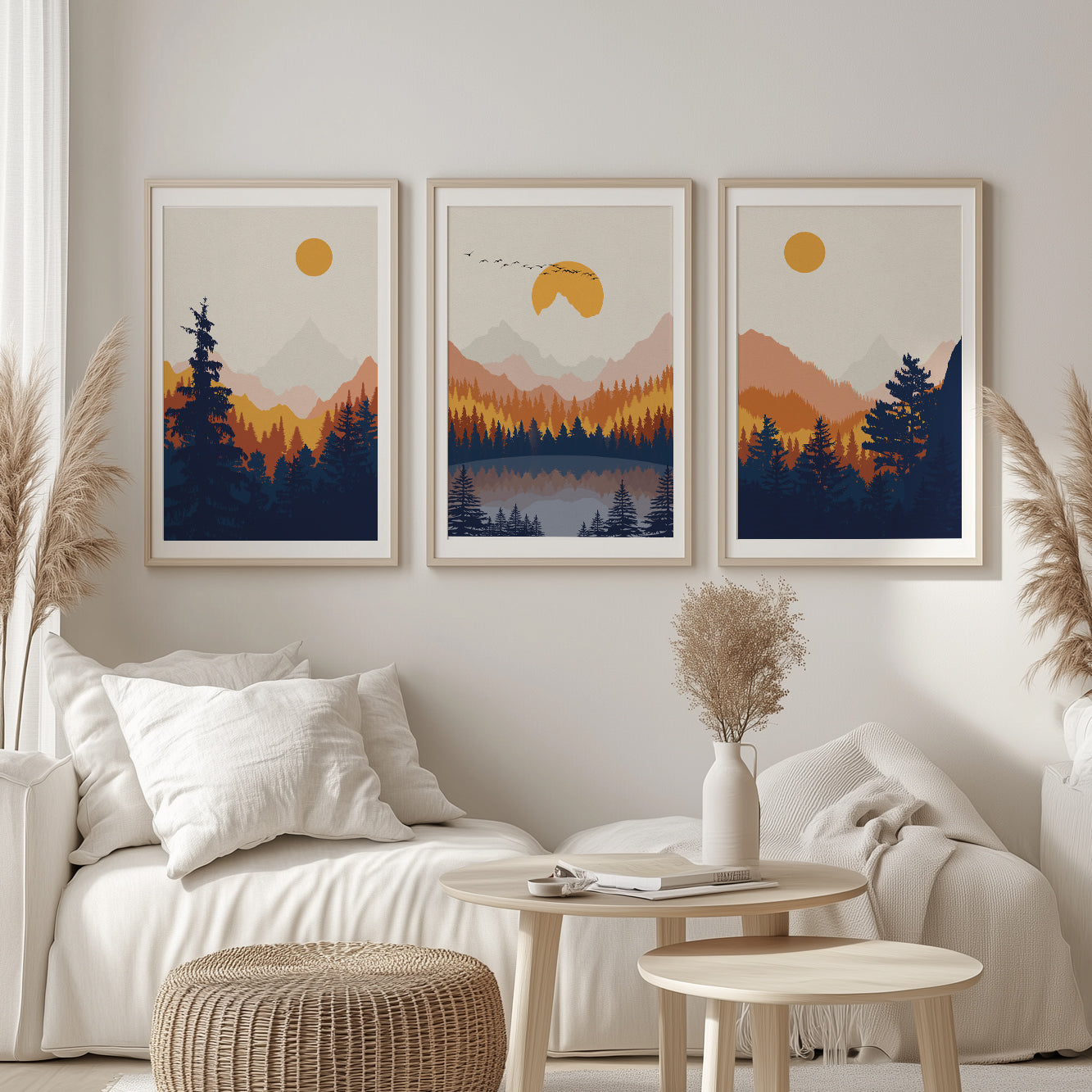 Mountain Landscape Wall Art Set of 3 – Modern Terracotta Navy Blue Nature Prints, Minimalist Gallery Art