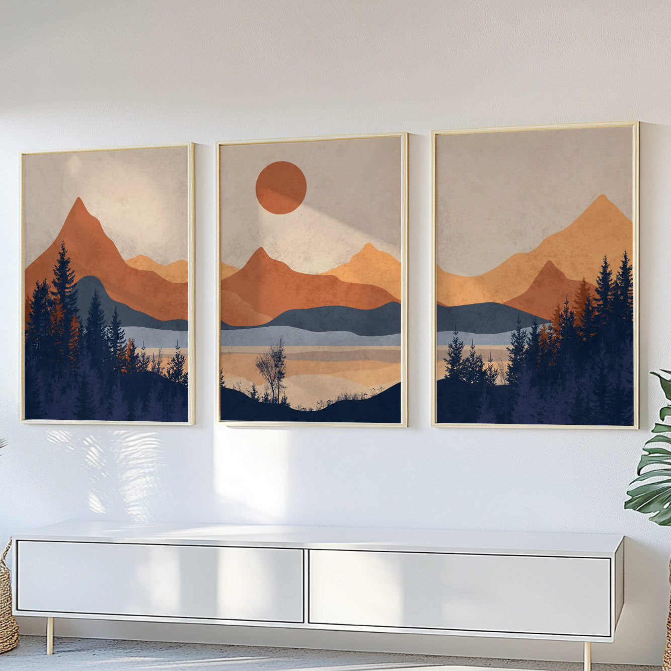 3 Piece Bright Mountain Abstract Art Set – Minimalist Terracotta Blue Landscape Wall Art for Home Decor