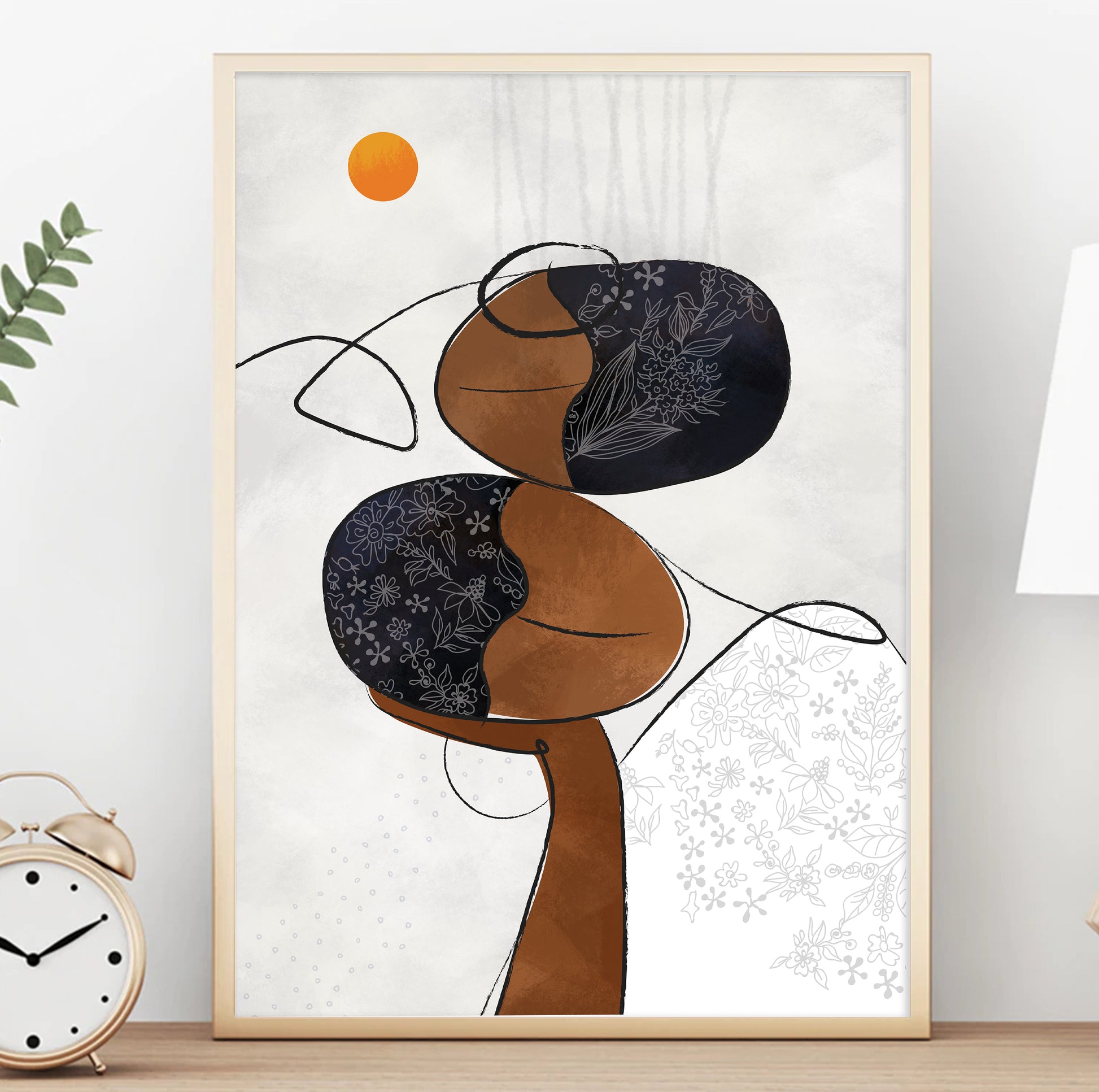 Modern black women portrait – neutral African American minimalist wall art, abstract ethnic decor for bedroom or office