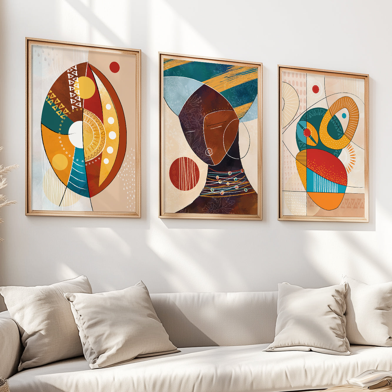 Abstract black women portrait set of 3, modern African American art for bright above bed decor