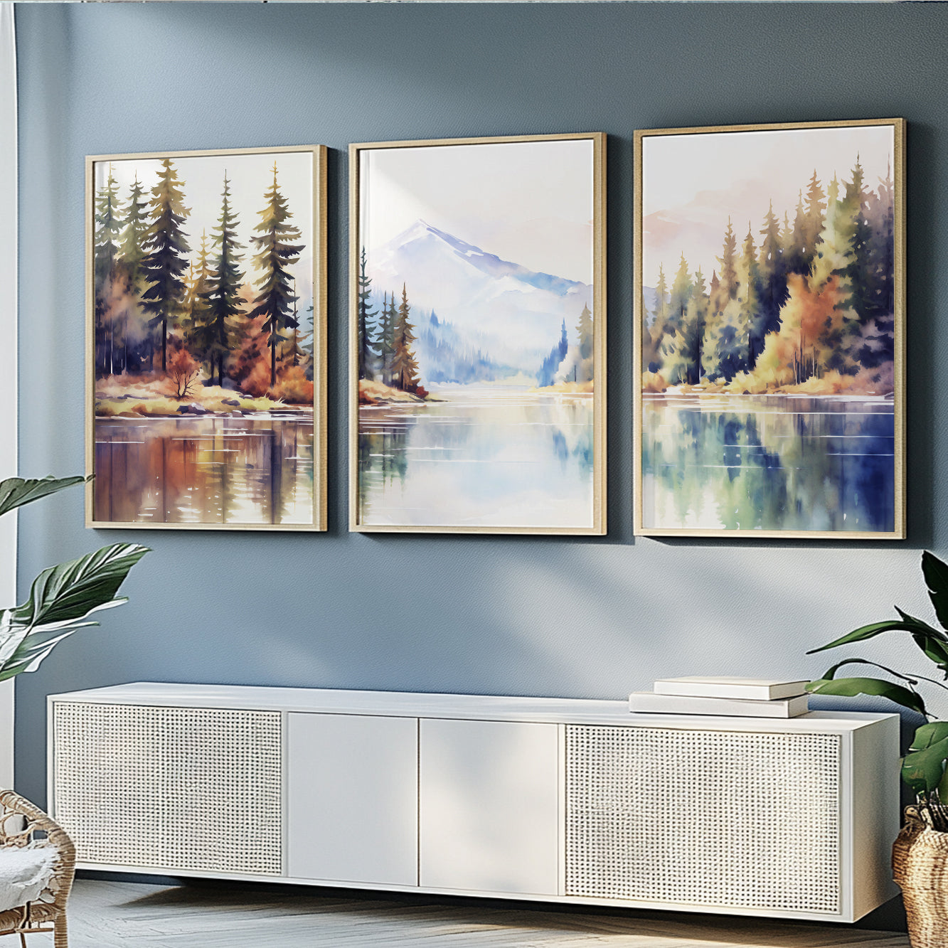 Nature-Inspired Mountain Lake Wall Art Set of 3 – Neutral Forest Landscape Prints