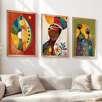 Modern Colorful African American art set of 3 prints, minimalist black woman portraits for bedroom decor