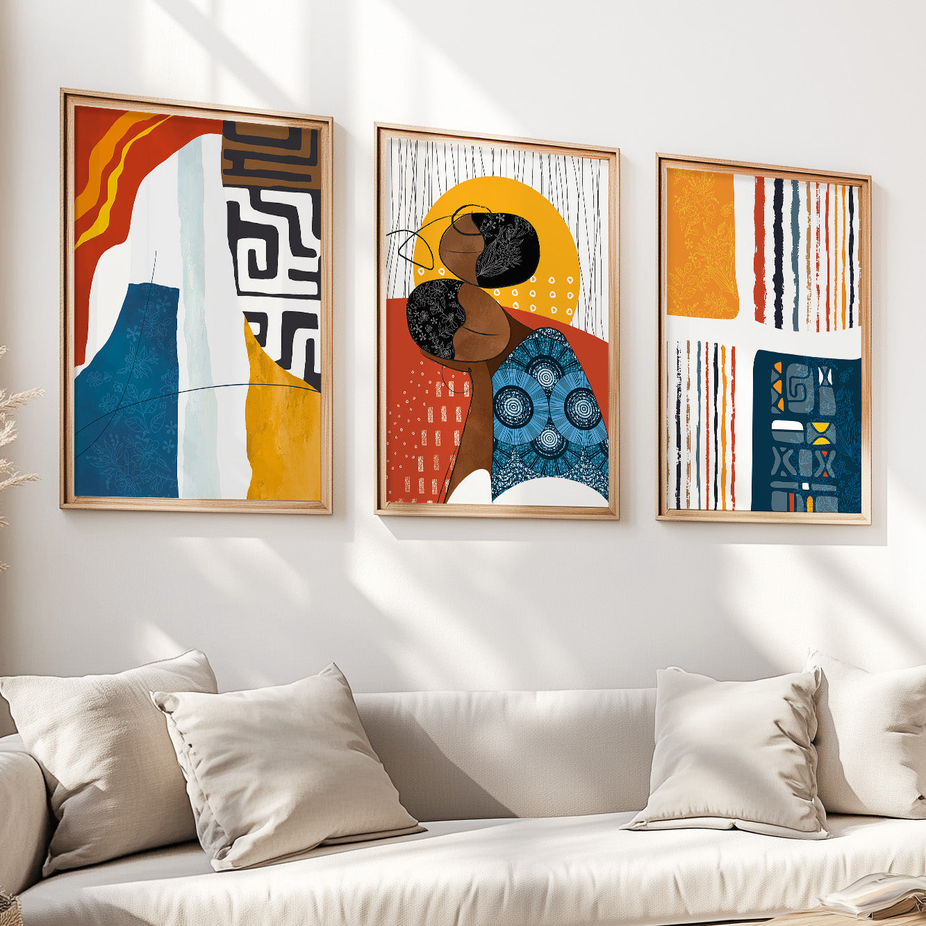 Extra large African American gallery wall art set, modern abstract ethnic prints for contemporary decor