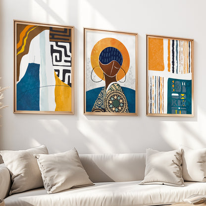 Modern abstract African American art set of 3 prints, colorful ethnic African gallery wall decor