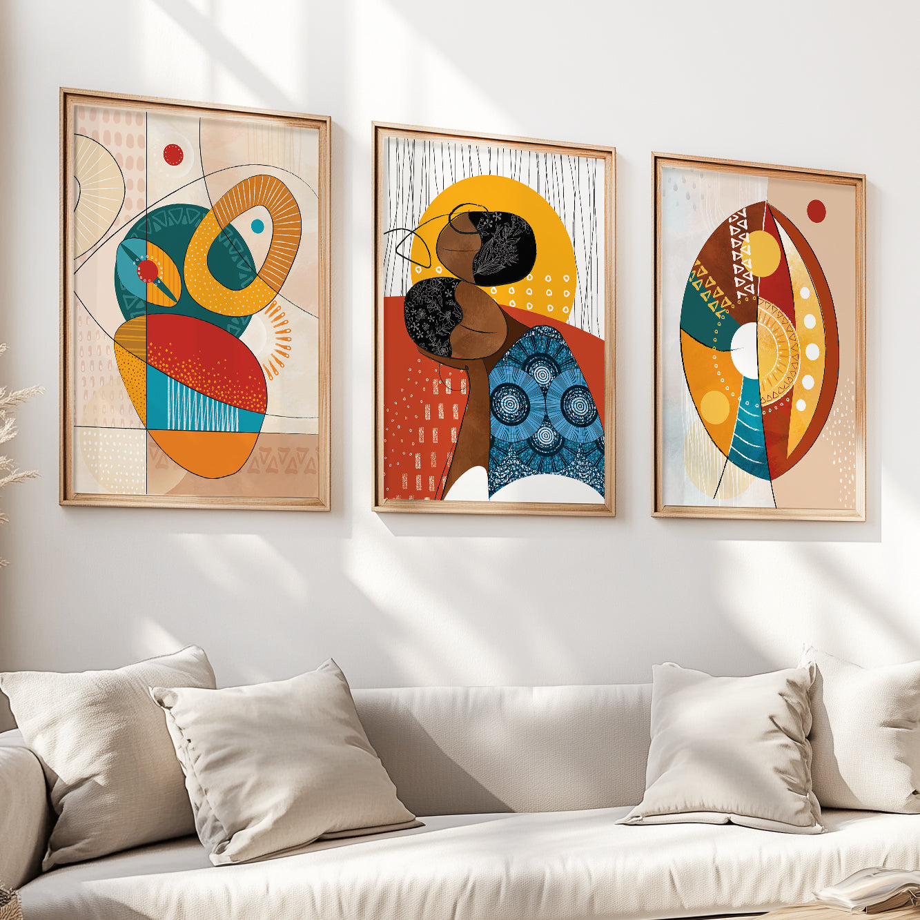 Contemporary African American woman print set, abstract ethnic art set of 3 for colorful home decor