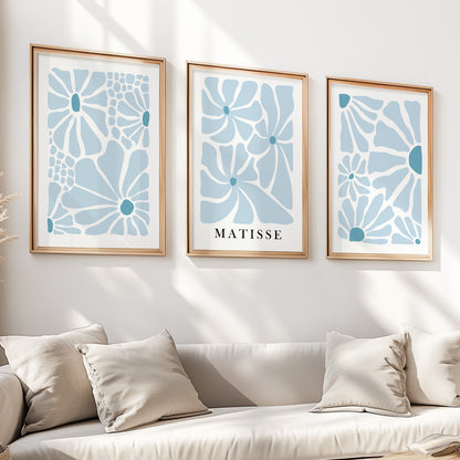 Neutral blue Matisse flower set of 3 print. Light natural minimalist mid century gallery wall set, vintage trendy bedroom wall art prints