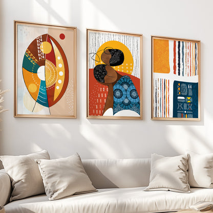 Modern colorful minimalist African American art set of 3, abstract black woman gallery wall decor for bedroom