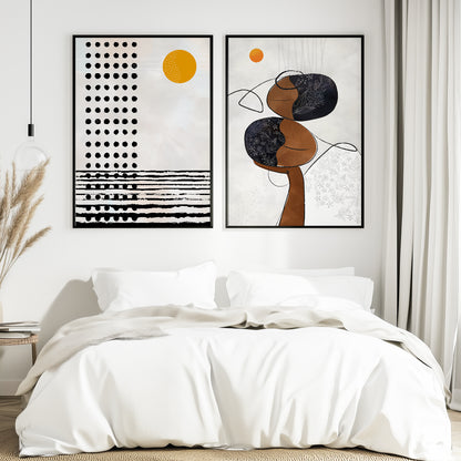 Contemporary mid-century modern African American art set of 2 – neutral abstract black woman prints for living room or above bed decor