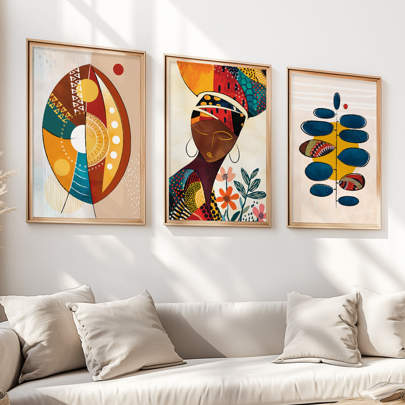 Minimalist Modern African Art Set of 3 – Bright Colorful Wall Decor for Living Room