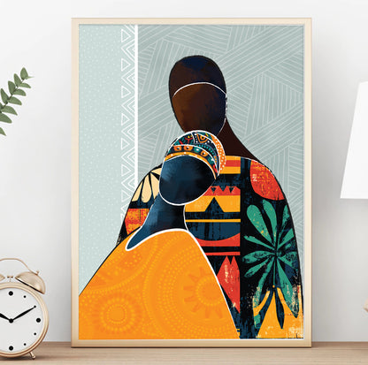 Modern African couple silhouette print – colorful abstract black lovers art for bedroom wall decor