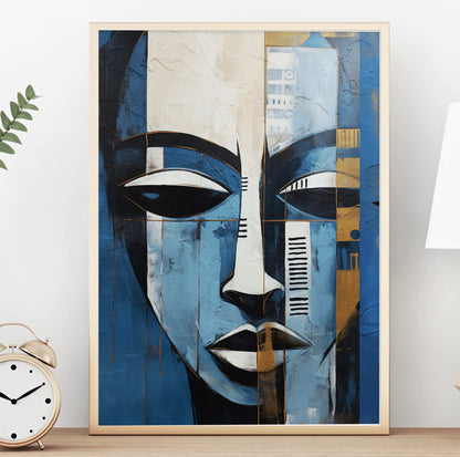 Minimalist abstract woman portrait – navy blue and grey contemporary African American painting