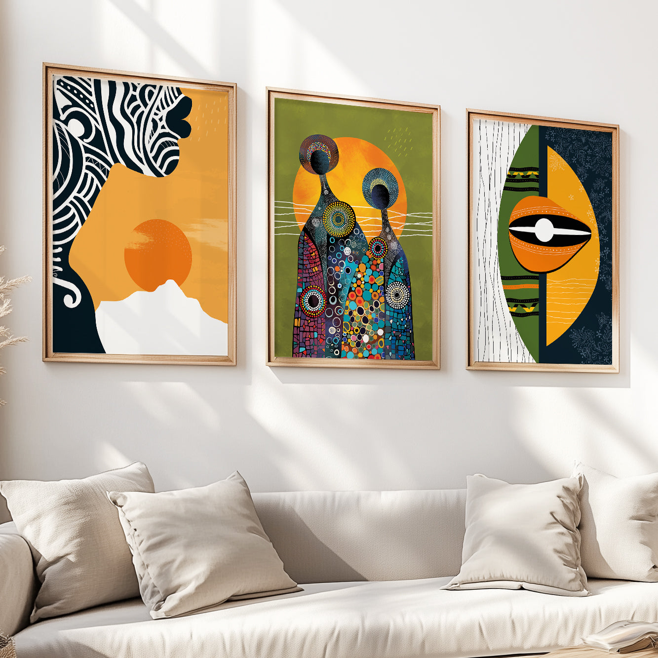 Set of 3 bright tribal African art prints, abstract black woman faces for aesthetic room decor