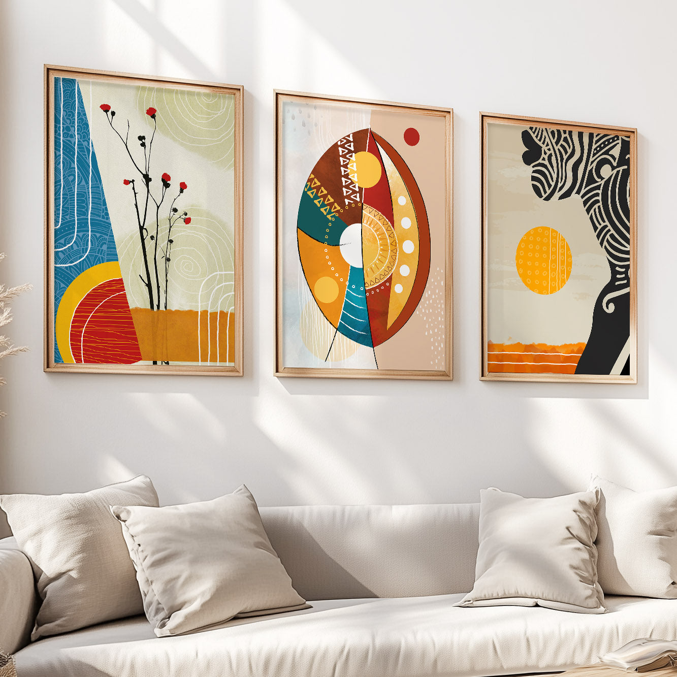 Modern abstract black woman portrait set – 3-piece African American art for ethnic gallery wall decor