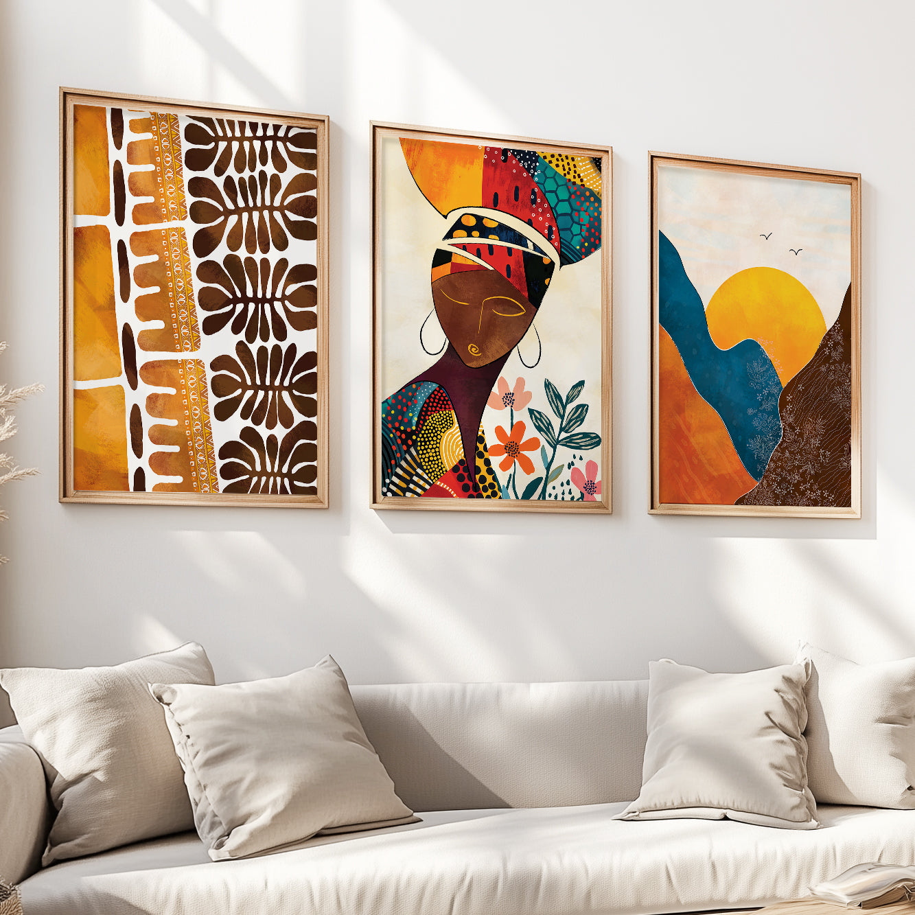 Abstract black women portrait art set of 3 – modern African American gallery wall prints, contemporary colorful above bed decor