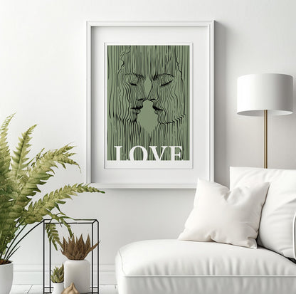 Sage green love couple print, minimalist kissing lovers portrait, abstract apartment decor, Extra large bedroom eclectic wall art poster