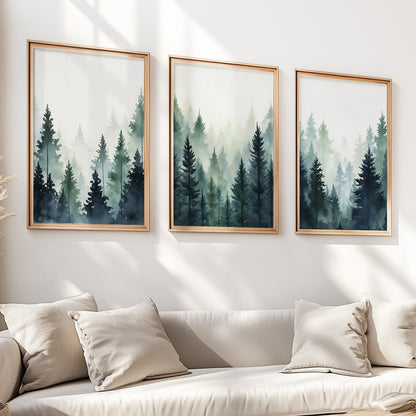 Mountain Forest Wall Art Set of 3 Prints – Foggy Pine Trees, Nature Extra Large Wall Decor