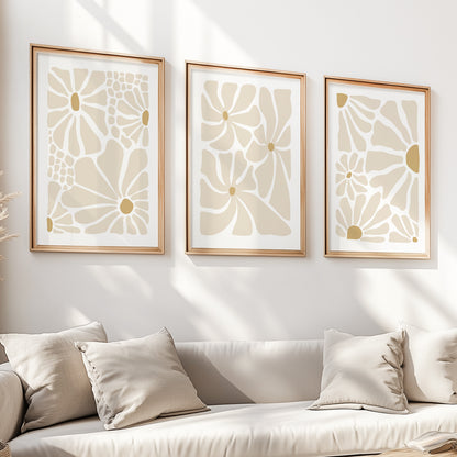 Neutral Beige Flower Set of 3 – Minimalist Mid-Century Vintage Art