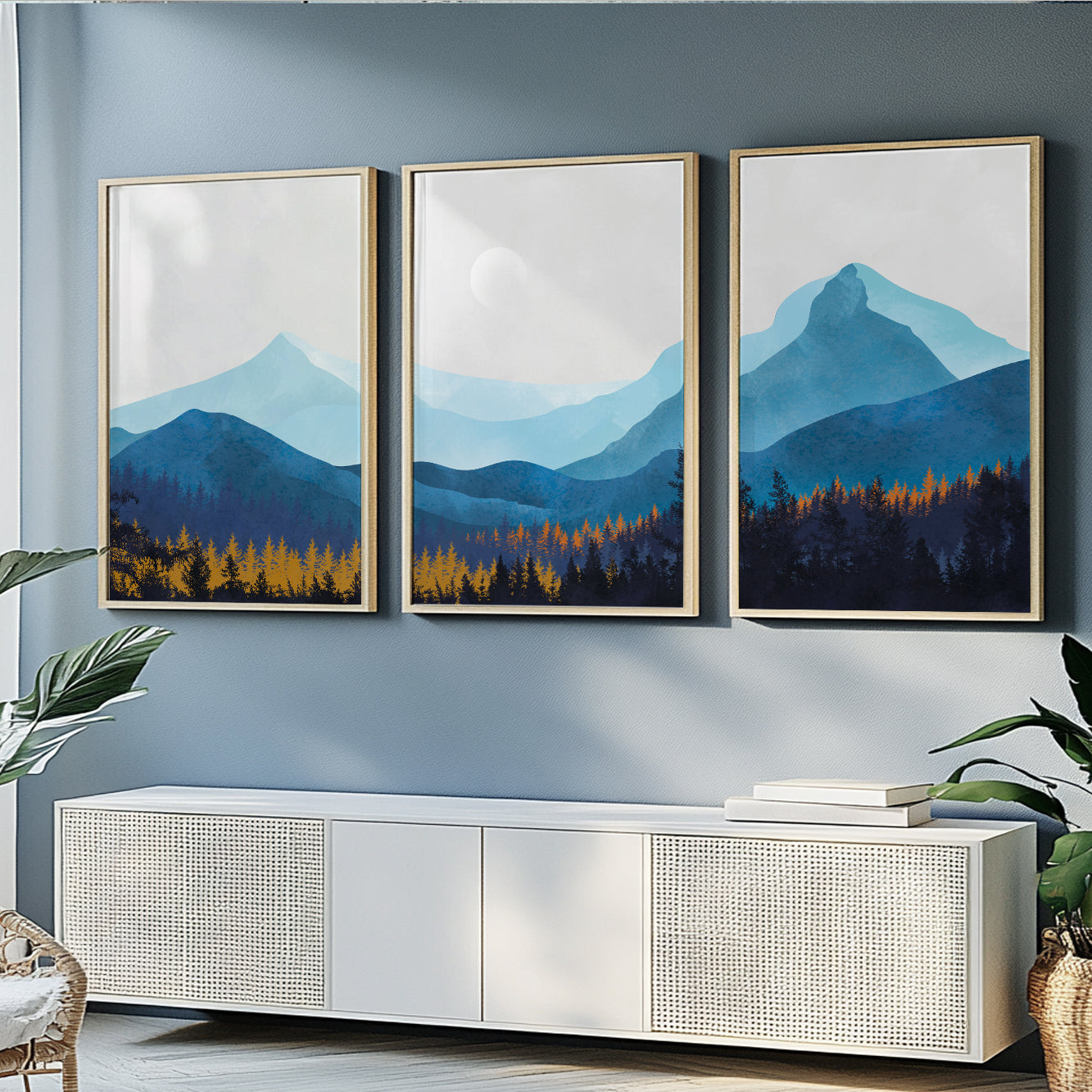 Set of 3 Navy Blue Scandinavian Mountain Wall Prints – Modern Art Decor