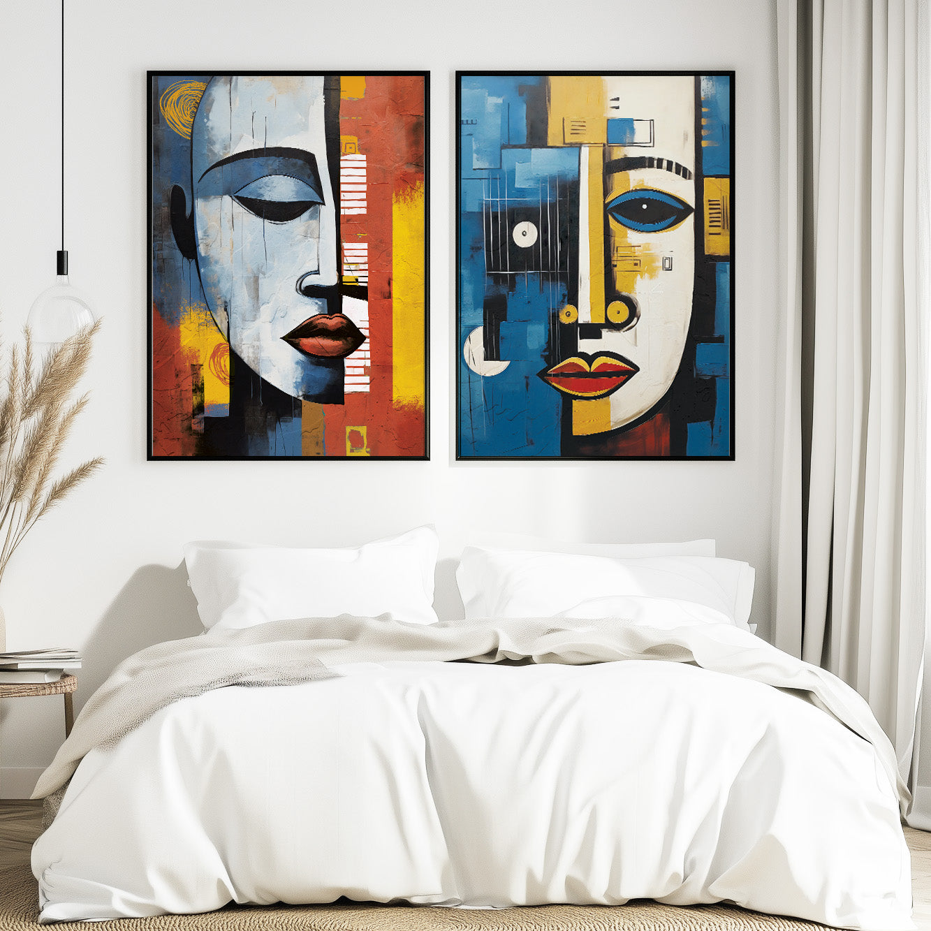 Abstract African woman and man portrait wall art set of 2 – contemporary colorful above bed art, aesthetic room decor