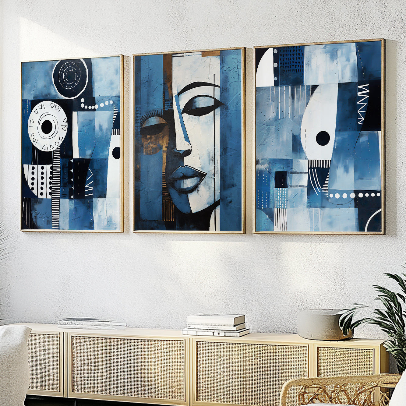 Modern African American art set of 3 – navy blue abstract ethnic prints for gallery wall