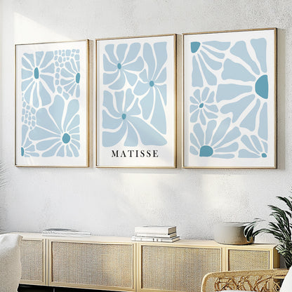 Neutral blue Matisse flower set of 3 print. Light natural minimalist mid century gallery wall set, vintage trendy bedroom wall art prints