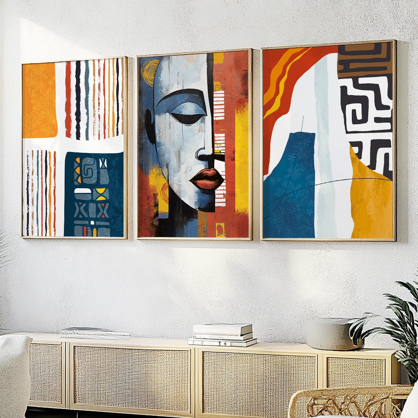 African American abstract art set of 3, colorful large prints for modern above bed decor