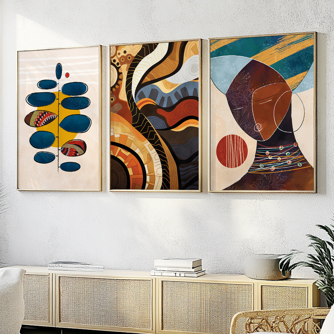 Set of 3 contemporary colorful African prints, abstract ethnic black woman portraits for bedroom decor