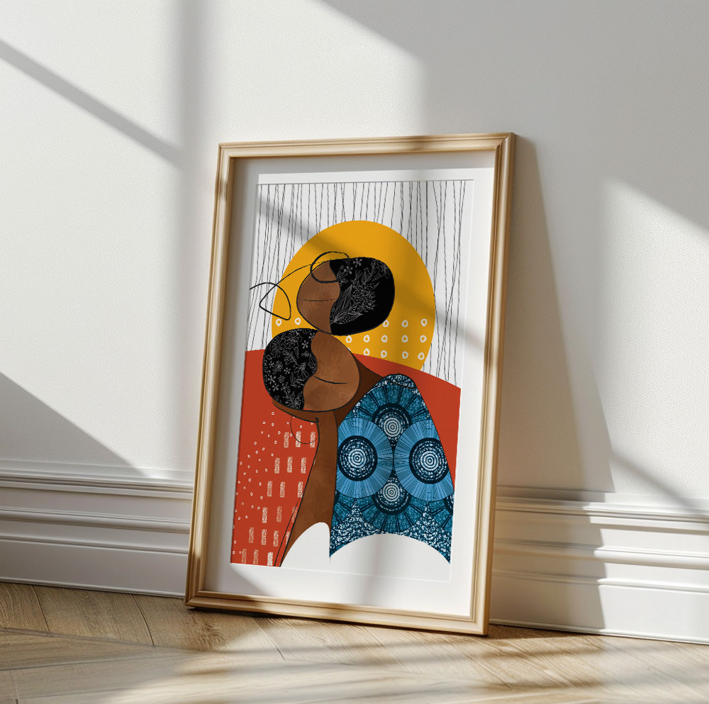 Colorful abstract African woman art  on yellow sun background, aesthetic decor.