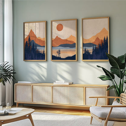 Bright Mountain Prints Set of 3 – Minimalist Mid Century Abstract Landscape Posters, Terracotta and Blue