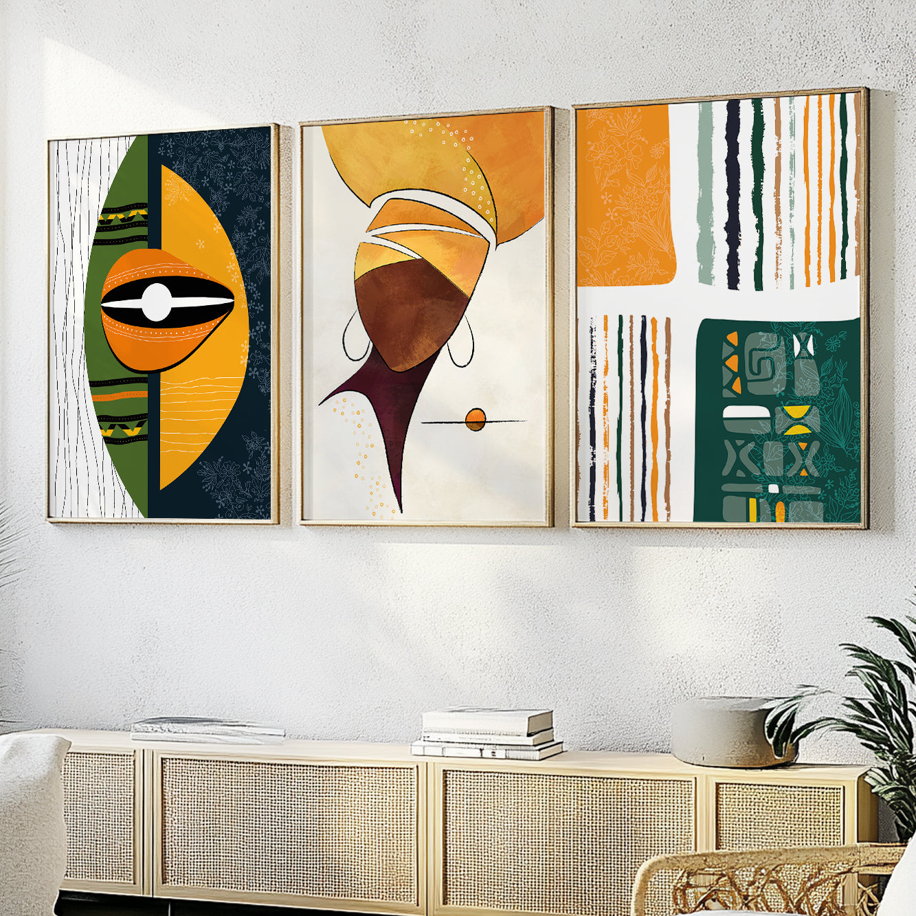 Colorful ethnic African American art set of 3 prints, extra large abstract posters for aesthetic home or office