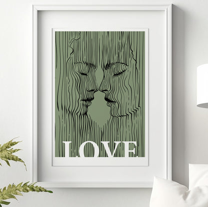 Sage green love couple print, minimalist kissing lovers portrait, abstract apartment decor, Extra large bedroom eclectic wall art poster