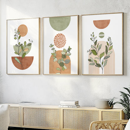 Terracotta green boho gallery wall set of 3. Mid century modern neutral wall art poster. Bohemian livingroom, above bed large prints